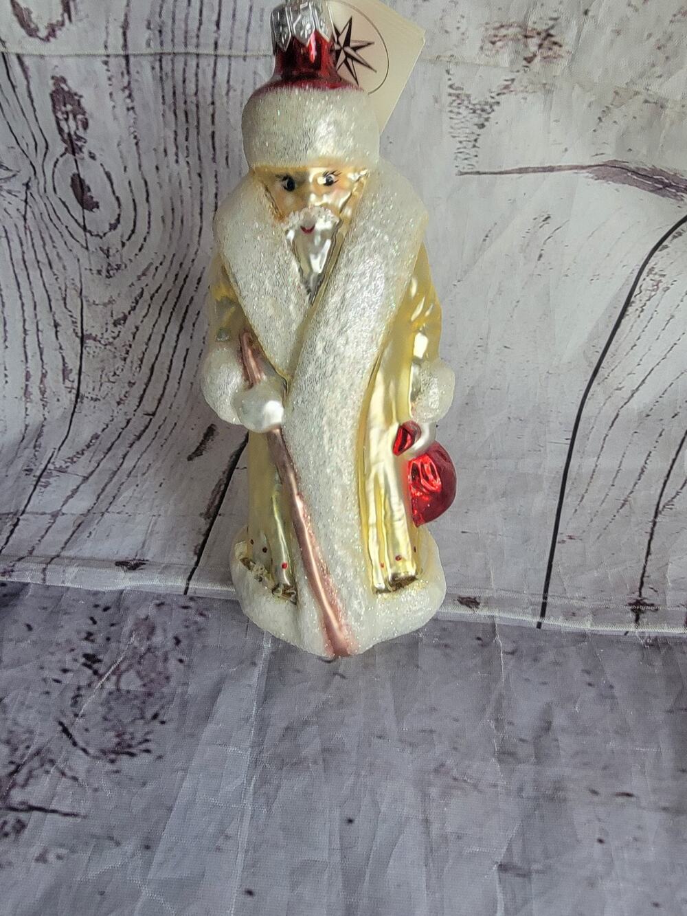 Vintag Christopher Radko Russian Santa In Winter White Glitter Glass Ornament 7"